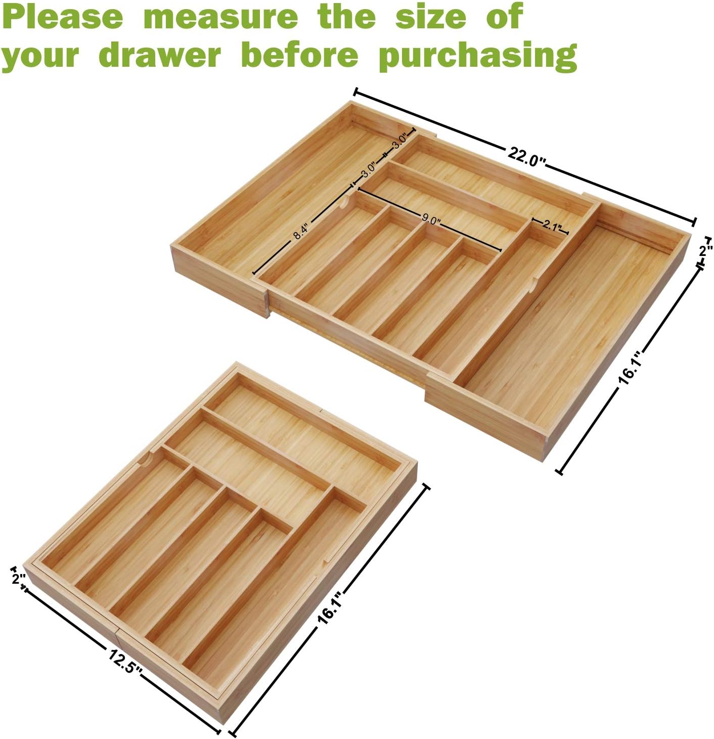 BAMEOS Utensil Drawer Organizer, Cutlery Tray Desk Drawer Organizer Silverware Holder Kitchen Knives Tray Drawer Organizer, 100% Pure Bamboo Expandable Adjustable Cutlery in Natural Color (22 inch): Kitchen & Dining