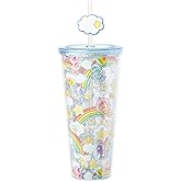 Silver Buffalo Care Bears Rainbow Hearts Stars Featuring Cheer Bear, Bedtime Bear, Funshine Bear, and Share Bear Watercolor Plastic Cold Cup with Lid and Straw Topper, 24 Ounces