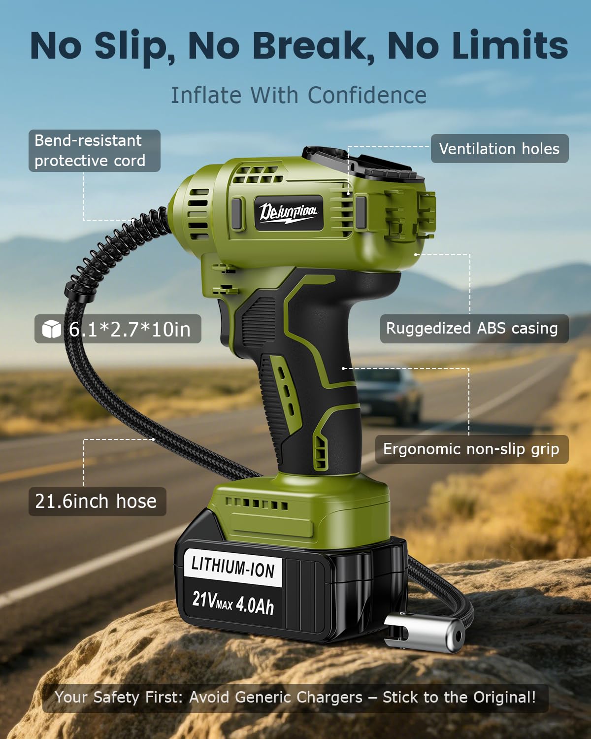 Portable Tire Inflator for Car with 2x4000Mah 21V Batteries, Runs Quiet, Auto Off, Fast Powerful Cordless Battery Powered Air Pump Compressor, Max 150Psi w/Accurate Digital Pressure Gauge