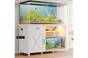 4ever2buy 55-75 Gallon Fish Tank Stand with Power Outlets, LED Light, Heavy Duty Aquarium Stand with Cabinet for Fish Tank Accessories Storage, for Turtle Tank, Reptile Terrarium, 1100LBS, White