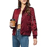Rasujie Satin Bomber Jacket Women Zip Up Varsity Jacket Fall Windbreaker Outerwear with Pockets