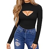 HERLOLLYCHIPS Womens Long Sleeve Tops Short Sleeve Cut Out Front Ribbed Fitted Sexy Casual Dressy Fall Tee T-Shirts Tshirt