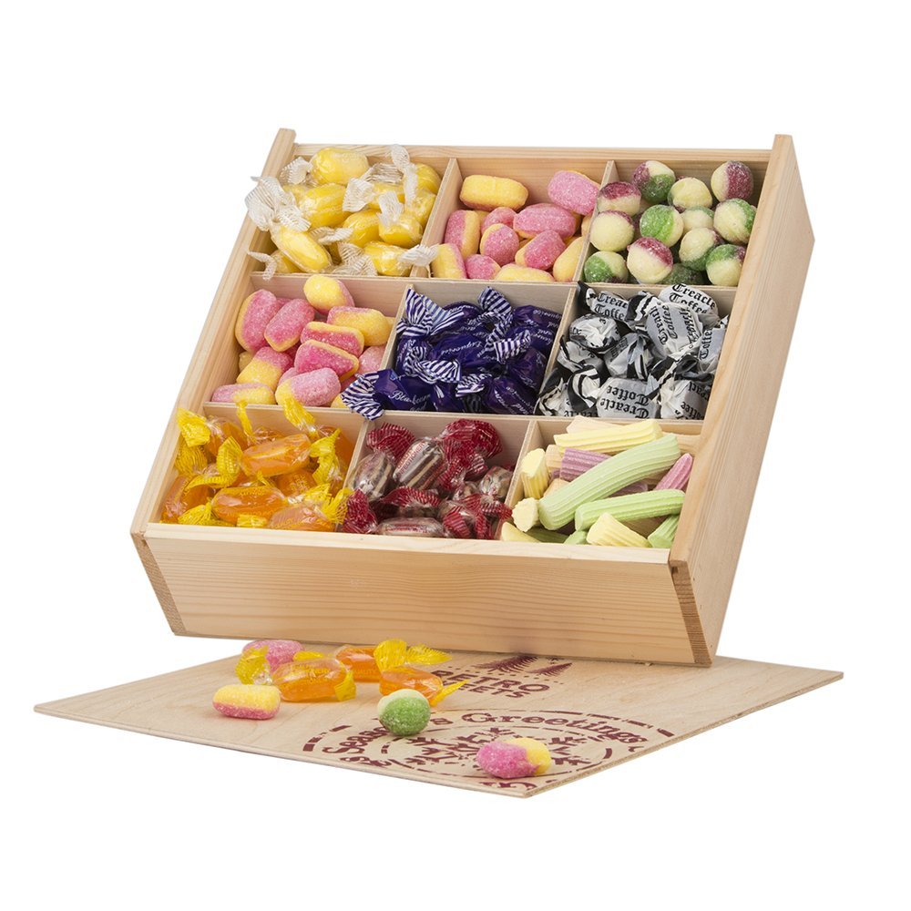 Retro Sweets Wooden Crate with sliding lid and union jack lid. Attractive gift.