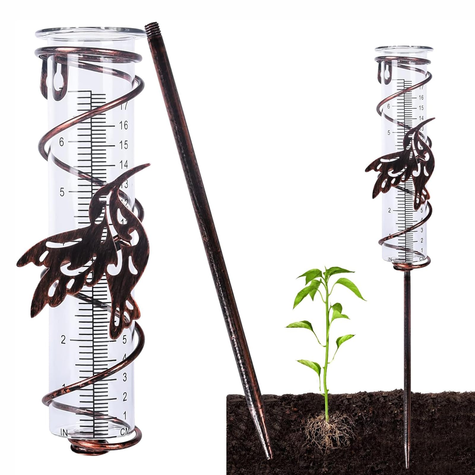 LSRVNM Rain Gauge with Stake Spiral, 7 inch Large Capacity Glass Rain Gauge Stake with Metal Tube Holder and Bird Decor, Removable Rain Gauges for Patio Lawn Garden Yard Decor Rain Catcher