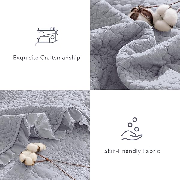 QSH CORNFLOWER BLUE STONEWASHED COTTON OVERSIZED KING QUILT BEDSPREAD SET(128″X120″),3PCS FARMHOUSE RUFFLE BEDSPREAD CALIFORNIA KING,ULTRA SOFT LIGHTWEIGHT CRINKLE QUILT COVERLET WITH PILLOW SHAMS
