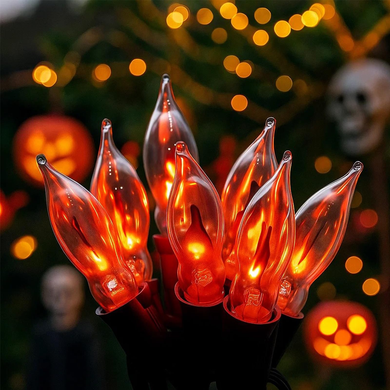 Photo 1 of Halloween Orange Flickering Flame String Lights - 27.8 Ft, 25 C7 Bulbs, UL Listed & Waterproof, Perfect for Outdoor Halloween Decorations, Haunted House, Fall & Party Decor