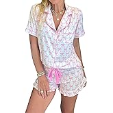 AINAC Cute Pajama Sets for Women Floral Bow Valentine's Heart Loungewear Short Sleeve Ruffle Cheetah Print Pjs