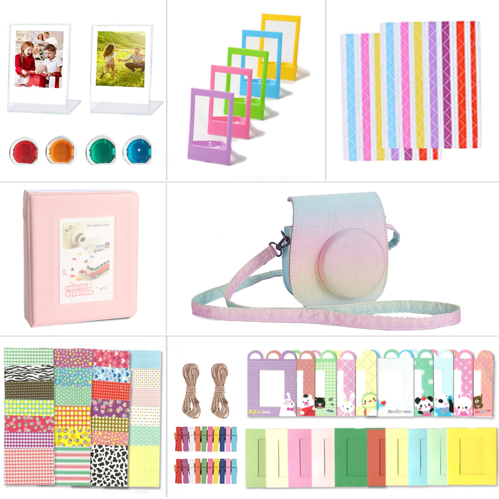 Riosin Accessories Kit for Fujifilm Instax Mini 12 Camera,Include Mini 12 Case,Album,Filters,Tabletop&Wall Frames to Display Memories,Border&Corner Stickers for Creative Scrapbooking(Shining Rainbow)