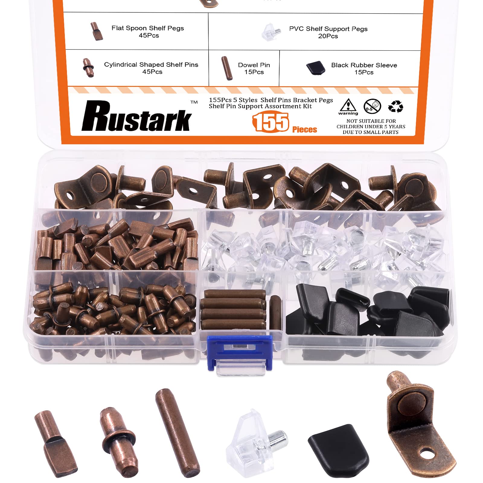 Rustark 155Pcs 5 Styles Bronze Shelf Pegs Shelves Pins Bracket Pegs Cabinet Support Metal Pegs Assortment Kit for Glass Shelf Holes Bookshelf Furniture