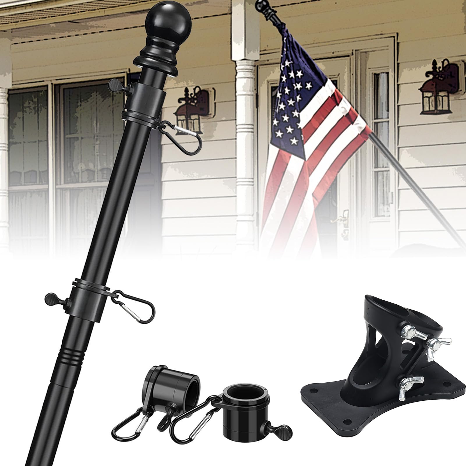 Photo 1 of Flag Pole - Upgraded Bracket Holder,6 FT Heavy Duty Stainless Steel Flagpole for Outside House,Tangle Free Spinning Flag Pole Kit Wall Mount for Residential Commercial Outdoor Porch,Black