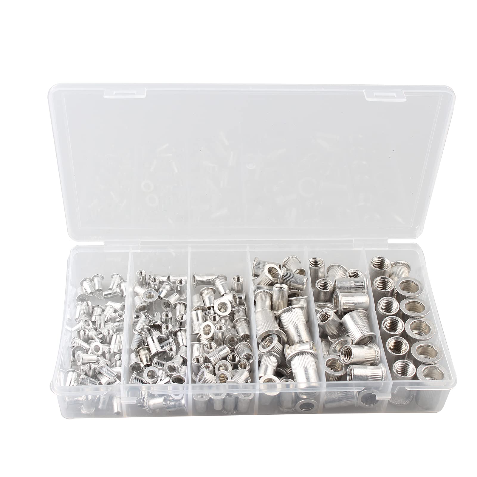HALJIA 190PCS Aluminum Rivet Nuts Assortment Kit, M3 M4 M5 M6 M8 M10 Flat Head Threaded Insert Nutserts Assort for Automotive Furniture Decoration Electrical and Industrial Products