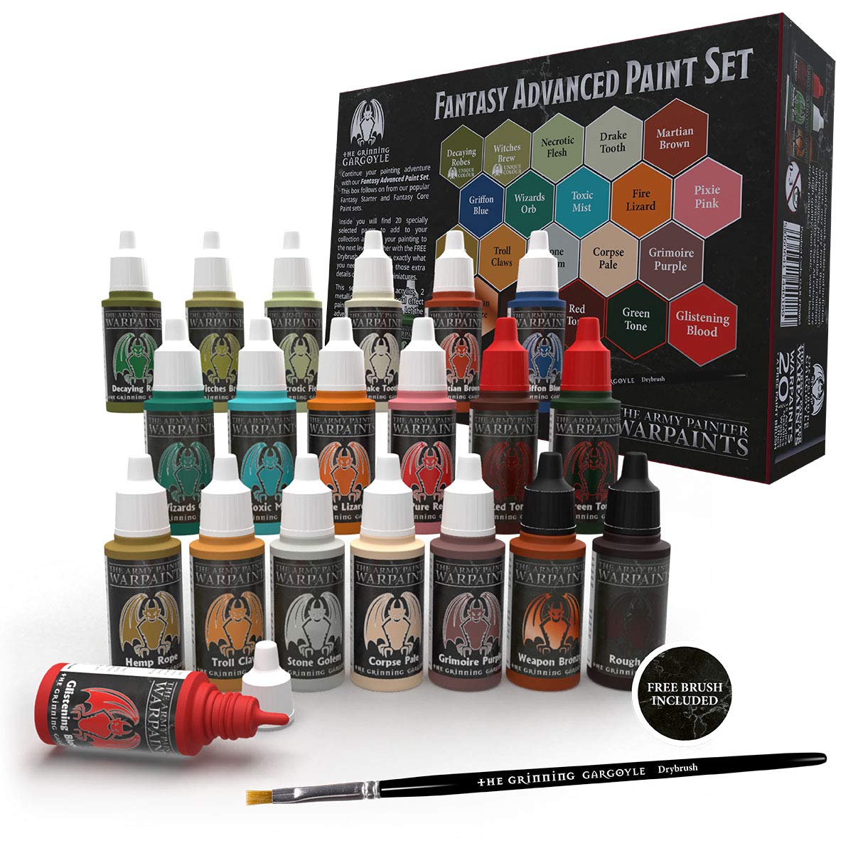 Grinning Gargoyle Mini Paint Set - Fantasy Miniature Paint Set – Army Paints Model Paints for Tabletop Figures - 20x Warpaints and a Brush Miniature Painting Kit - Model Acyrilic Colours (Advanced)