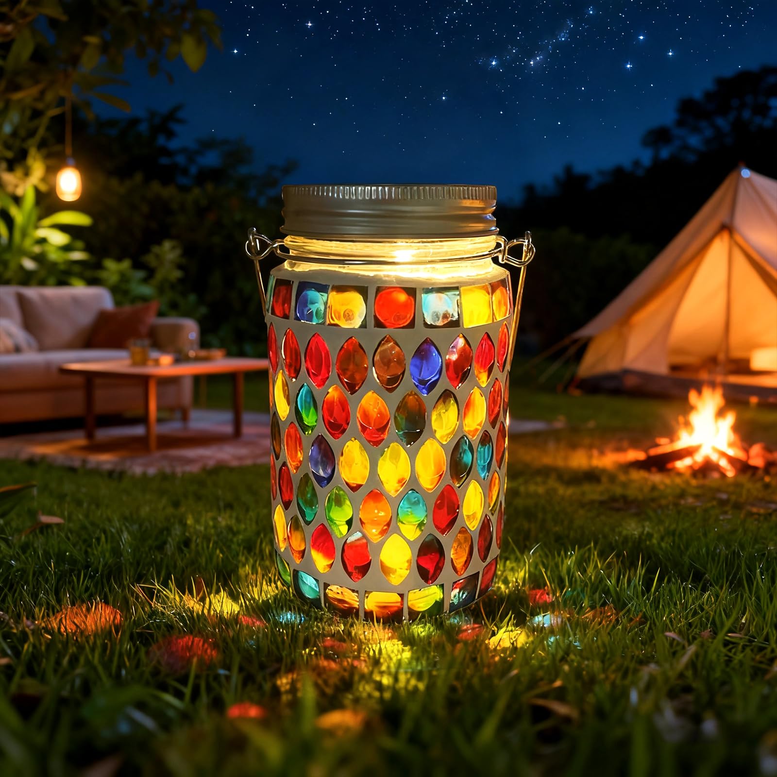 TOTHDATE 1PCS Mosaic Solar Lights Outdoor Garden, On/Off Glass Hanging Solar Mosaic Lanterns Lights IP65 Waterproof for Table Lawn Path Courtyard Deck Fence, Red Mosaic Glass