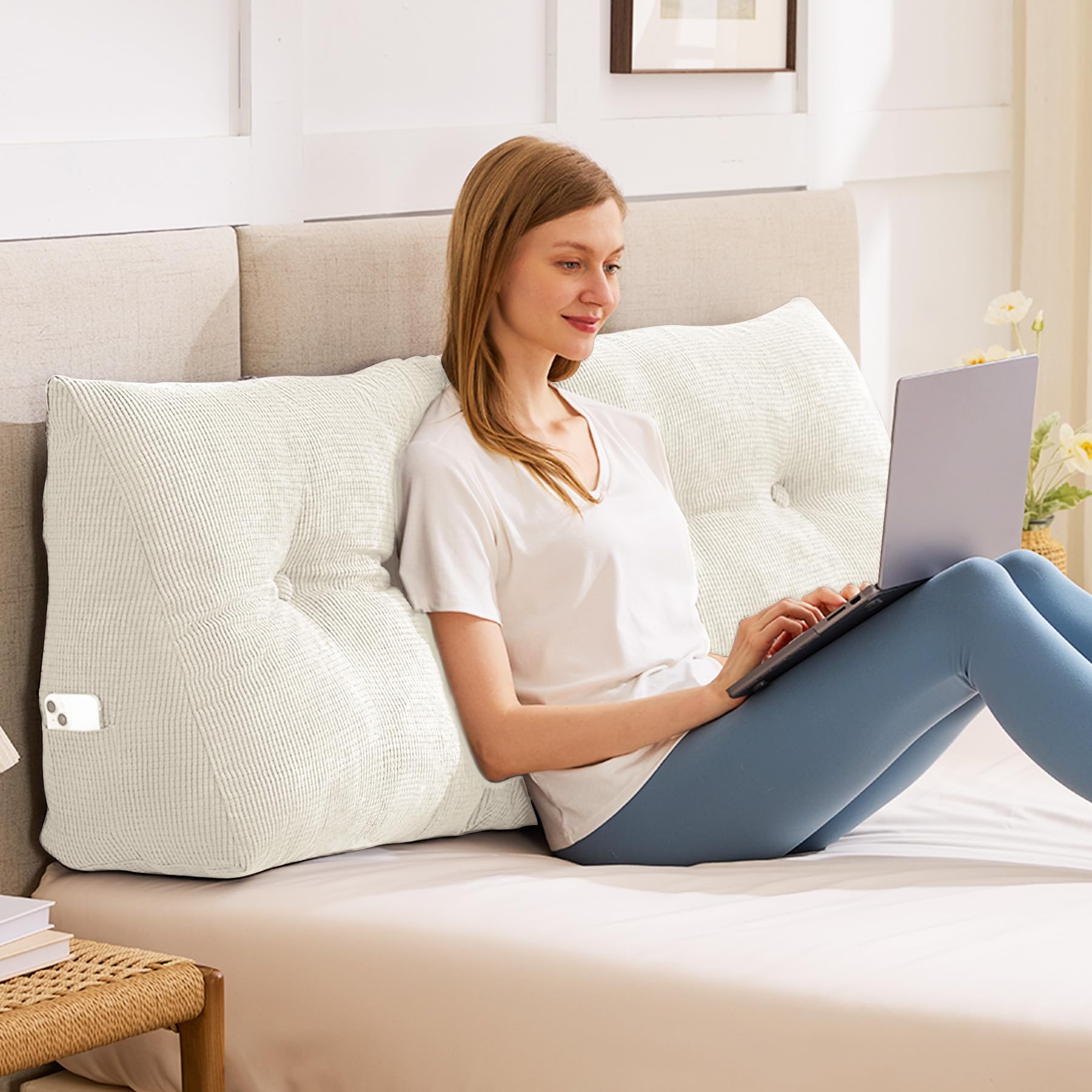 Photo 1 of IASEAHK Headboard Pillow Queen, Triangle Pillows for Headboard, Head Board Backrest Wedge Pillow for Reading Sitting Working, Daybed Pillows with Removable Cover for Bed Dorm Sofa, Beige