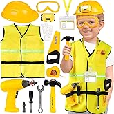 HUUIDY Construction Worker Costume for Kids, Toddler Dress Up Clothes with Kids Tool Set, Construction Vest & Hat, Helmet Light, Electric Drill, Toddler Costumes Pretend Play Toys for Boys Gift Age 4+