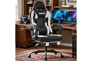 FURNISTYLE Gaming Chair for Adults and Teens, Ergonomic Leather Video Game Chairs with Footrest, Wide Seat, Reclining Back, Neck & Lumbar Support, Adjustable Swivel Computer Desk Chair, Black/White