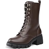 IDIFU IN3 Platform Combat Boots for Women Mid Calf Lace Up Boots Lug Sole Low Chunky Block Heel Boots Closed Round Toe Side Zipper Booties Fashion Thick Fall Heeled Boots-LOOSEN ALL LACES FIRSTLY
