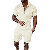 FcuteL Mens Short Sets 2 Piece Outfits Summer Fashion Quarter Zip Polo & Athletic Shorts Retro Textured Vacation Tracksuit