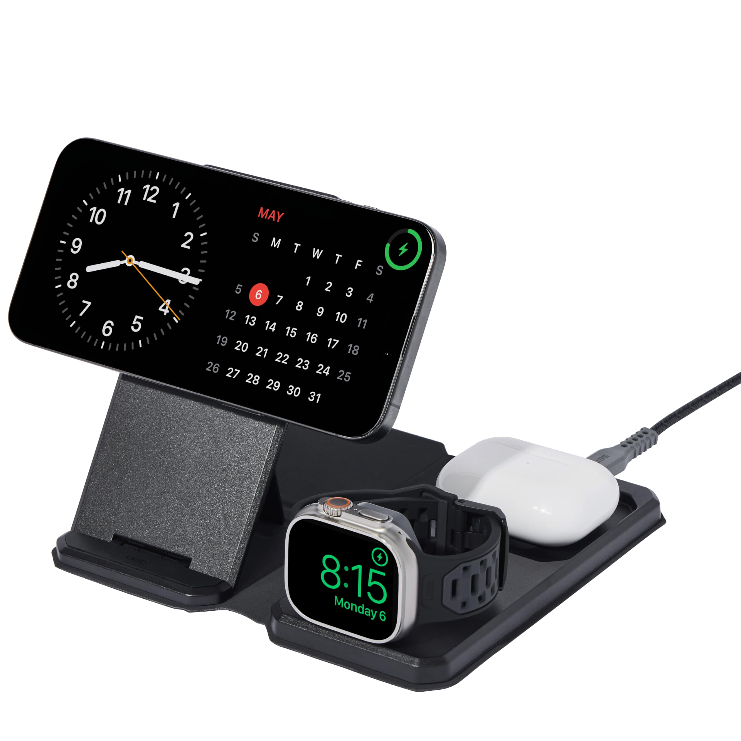 UAG SRGE 3-in-1 Travel Desktop Charger 15W Foldable Wireless Charging Station Compatible with MagSafe for iPhone 15, AirPods, Apple Watch, Black/Gray (25W USB-C PD Charger & Global Adapter Included)