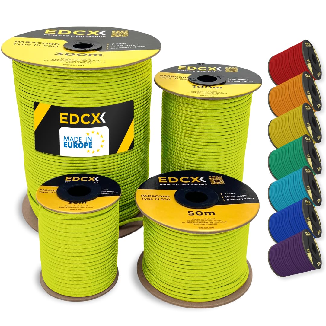 EDCX 4mm Nylon Paracord 550 300m (1000 feet) | Ideal for Camping, Survival, Outdoor, Crafting, DIY | 100% Nylon Rope 4mm | Paracord 550 Type III in Solid Color (Sofit Yellow, 300 m)