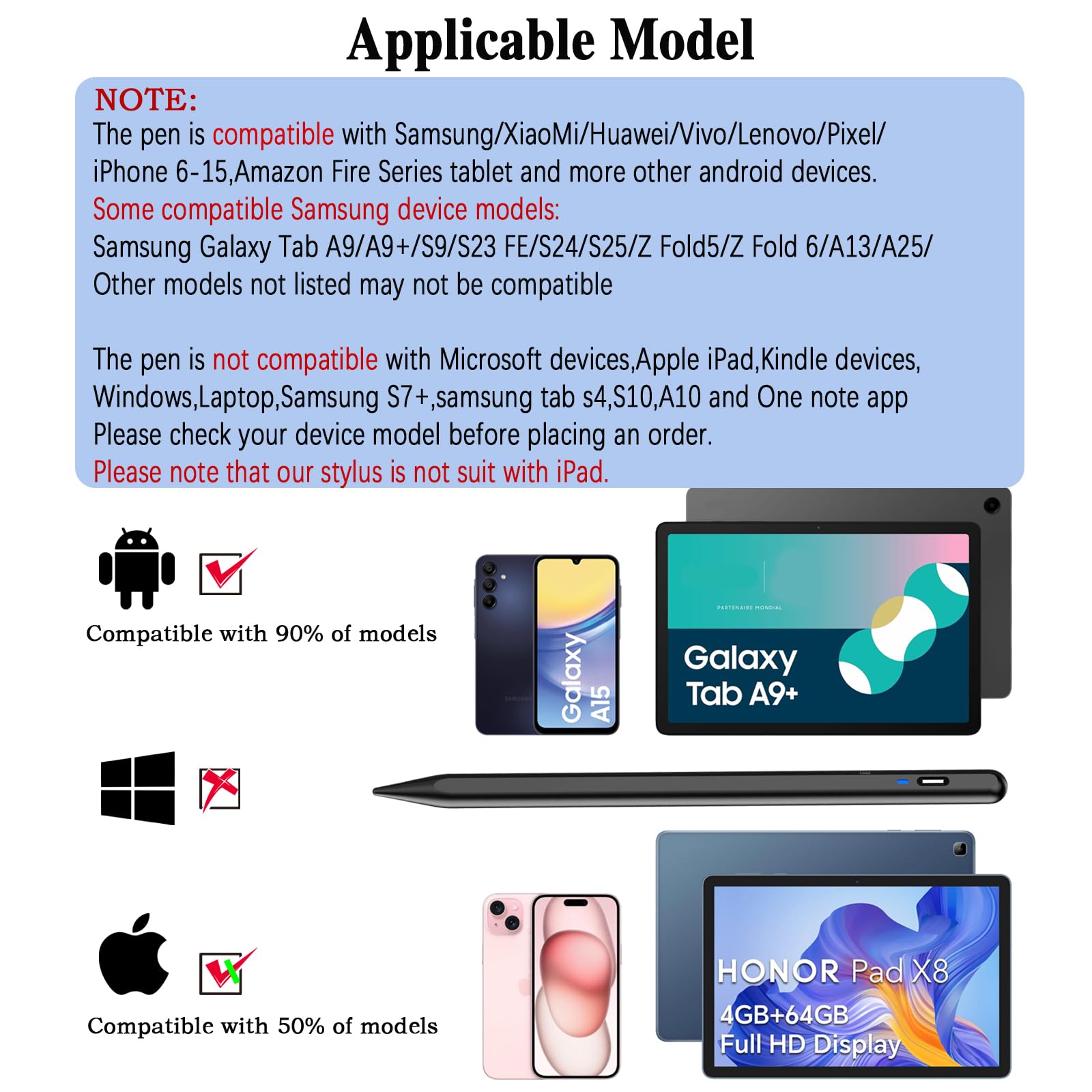 Stylus Pen for Android Tablet, Pom Tip Tablet Pencil for ios/Android,Rechargeable Active Stylus Pen for iPhone /Samsung/XiaoMi/Huawei/Vivo/Lenovo and Other Android Smartphones and Tablets-Black