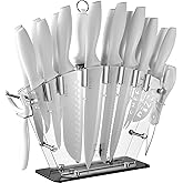 EUNA Knife Block Set, 19 PCS White Kitchen Knife Set with Acrylic Block and Sharpener, German High-Carbon Stainless Steel Knife Sets with 6 Serrated Steak Knives, Chef Knife, Dishwasher Safe