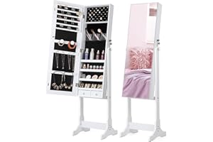 Nicetree Jewelry Cabinet with Full-Length Mirror, Standing Lockable Jewelry Armoire Mirror Organizer, 3 Angel Adjustable, Christmas Gifts, White