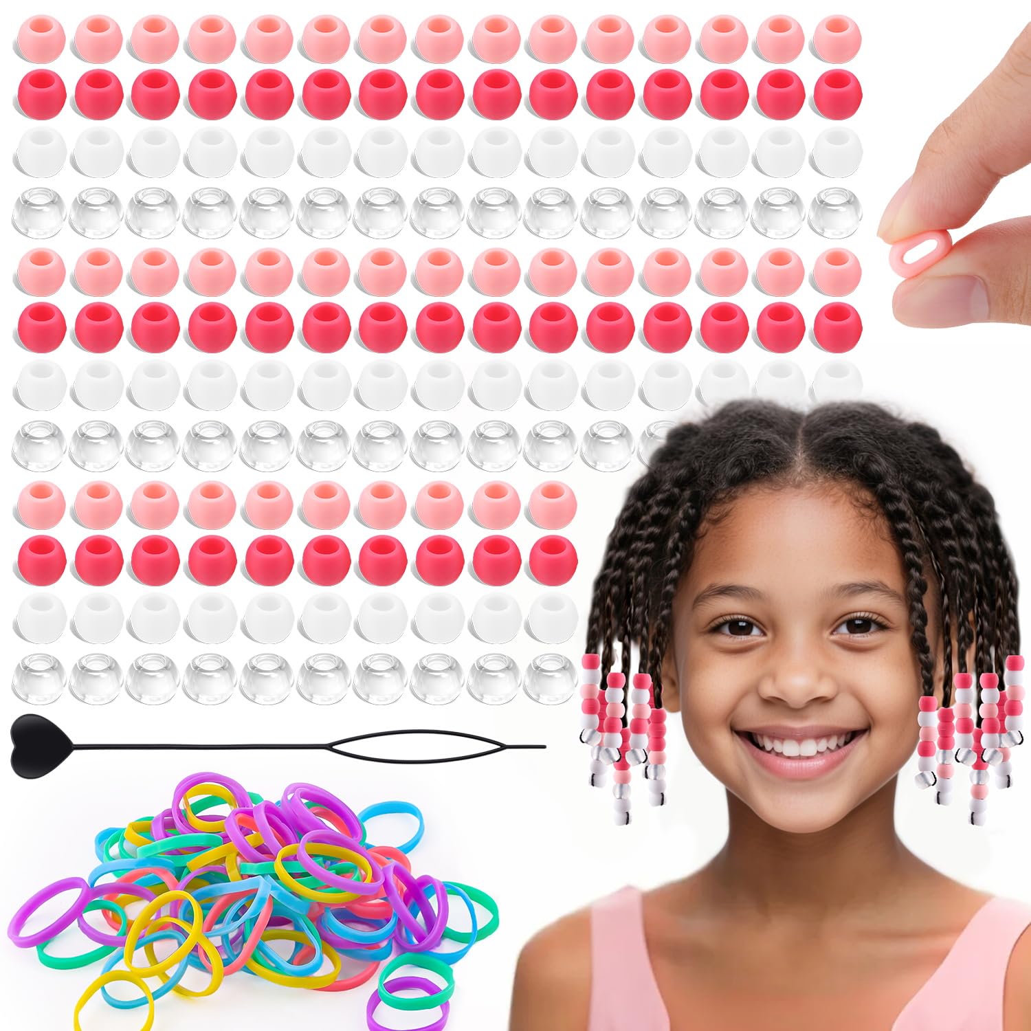 Photo 1 of 160Pcs 10mm Small Silicone Beads for Hair Braids, Soft Jellyish Pony Hair Beads with 5mm Hole + 50 Rubber Bands and 1 Beader for Braiding, DIY Bracelets Necklaces Crafts (Light Pink)