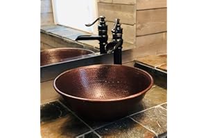 SimplyCopper 14" Round Copper Vessel Brushed Sedona Countertop Sink with 13" Pump Look Faucet and Daisy Drain