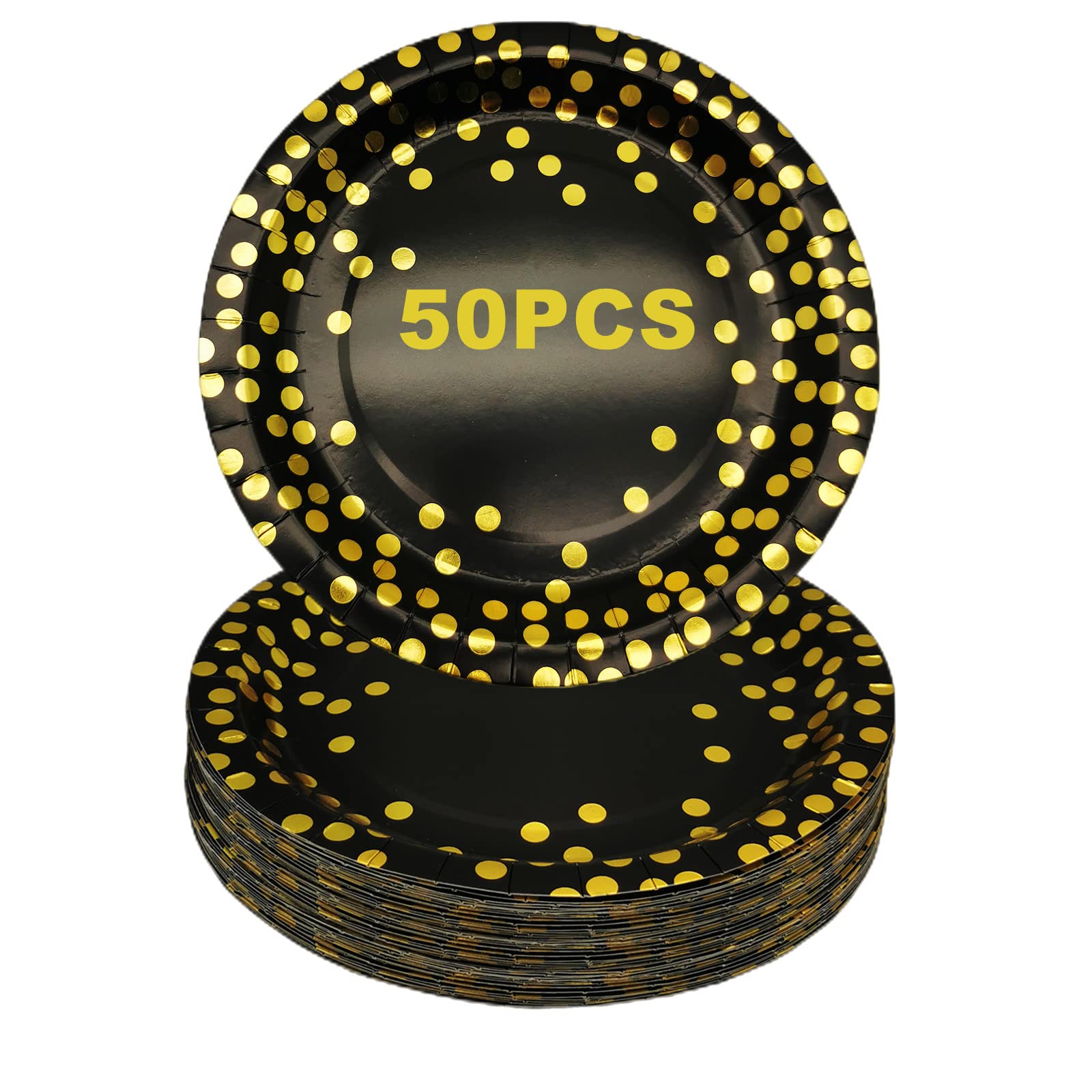 CEILIWEN Black and Gold Party Plates, 50 Pack 7 inch Party Tableware Dinnerware, Disposable Paper Plates, Party Supplies for Birthday Decorations, Pack of 50