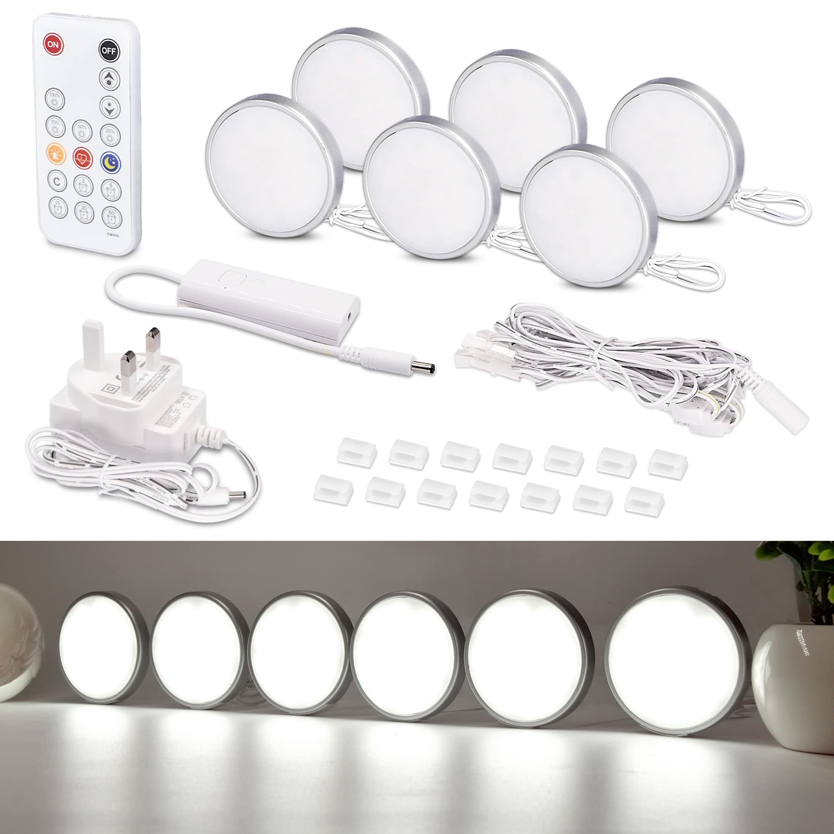 WOBANE Under Counter Lights, Dimmable LED Under Cabinet Lighting, 6Pack LED Puck Light with Remote Control,12.5W Display Lights for Cabinets,Kitchen,Book Shelf,Showcase,Cupboard,6000K White