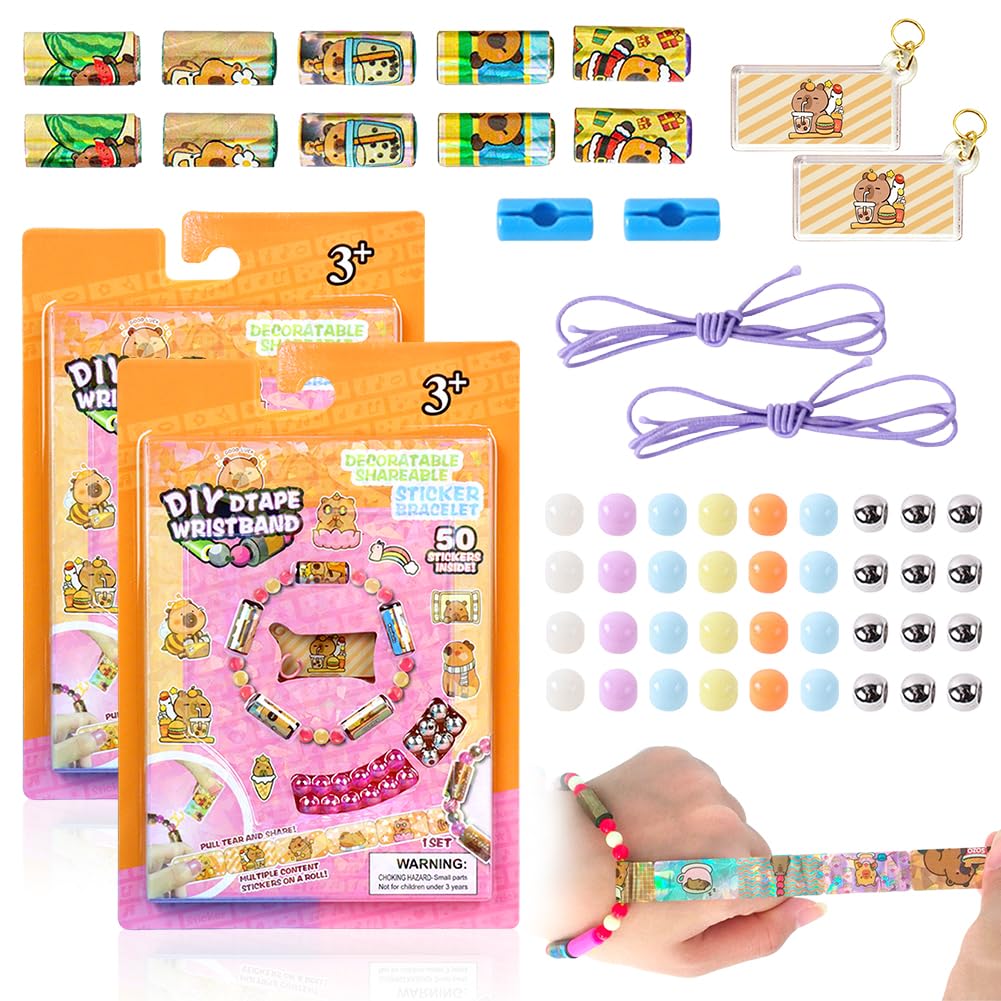 FCXVXCL 2pcs Capybara Sticker Bracelet Making Kit,Mini Holographic Sticker Bracelet DIY Stickers Bracelets Kit,Creative Reusable Toy for Party Favors,Friendship Gifts,School Prize