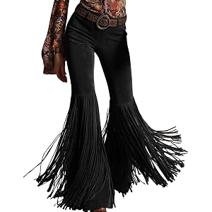 Women Western Fringe Pants Retro High Waisted Flared Cowboy Long Tassel Boho Bell Bottom Pants Concert Trousers