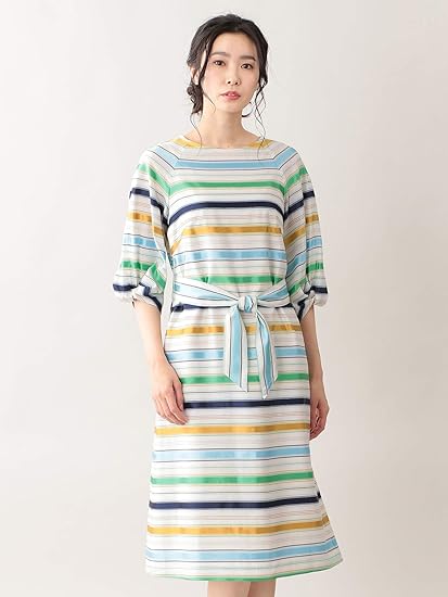 Amazon トランスワーク Trans Work Italy Fabric 洗える ウォッシャブル コントラスト ボーダー ワンピース 38 オフホワイト レディース ワンピース チュニック 通販