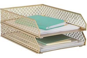 BLU MONACO Gold File Organizer Office Inbox Gold Paper Tray Organizer for Desk - Gold Desk Tray - Gold Letter Tray Set of 2 Stackable Letter Trays for Desk Office Trays for Desk Organizer File Baskets for Desk