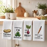 DETIHO Funny Veggie Kitchen Towels, Set of 4 Dish Towels for Washing Drying