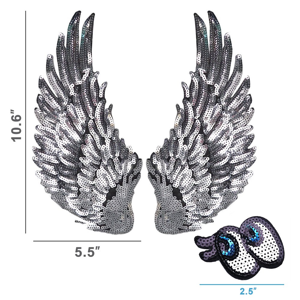 LoveInUSA Sequin Wings set, 2 PCS Sequins  Patches Silver Applique Wing Applique Iron On Wings Chanel Patches for Clothes Jackets Jeans Dress Hat DIY Accessory