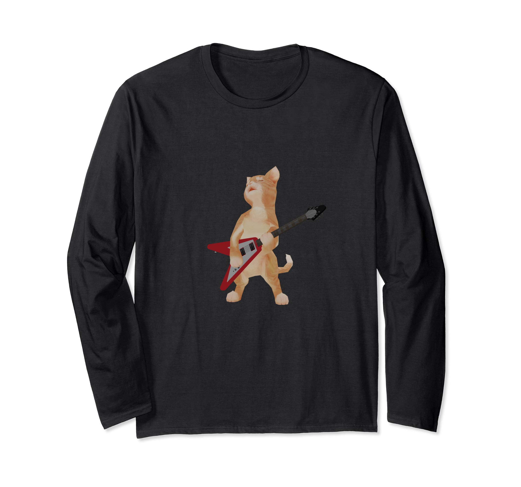 Cat Playing Flying V Guitar Iconic Ironic Long Sleeve T-Shirt