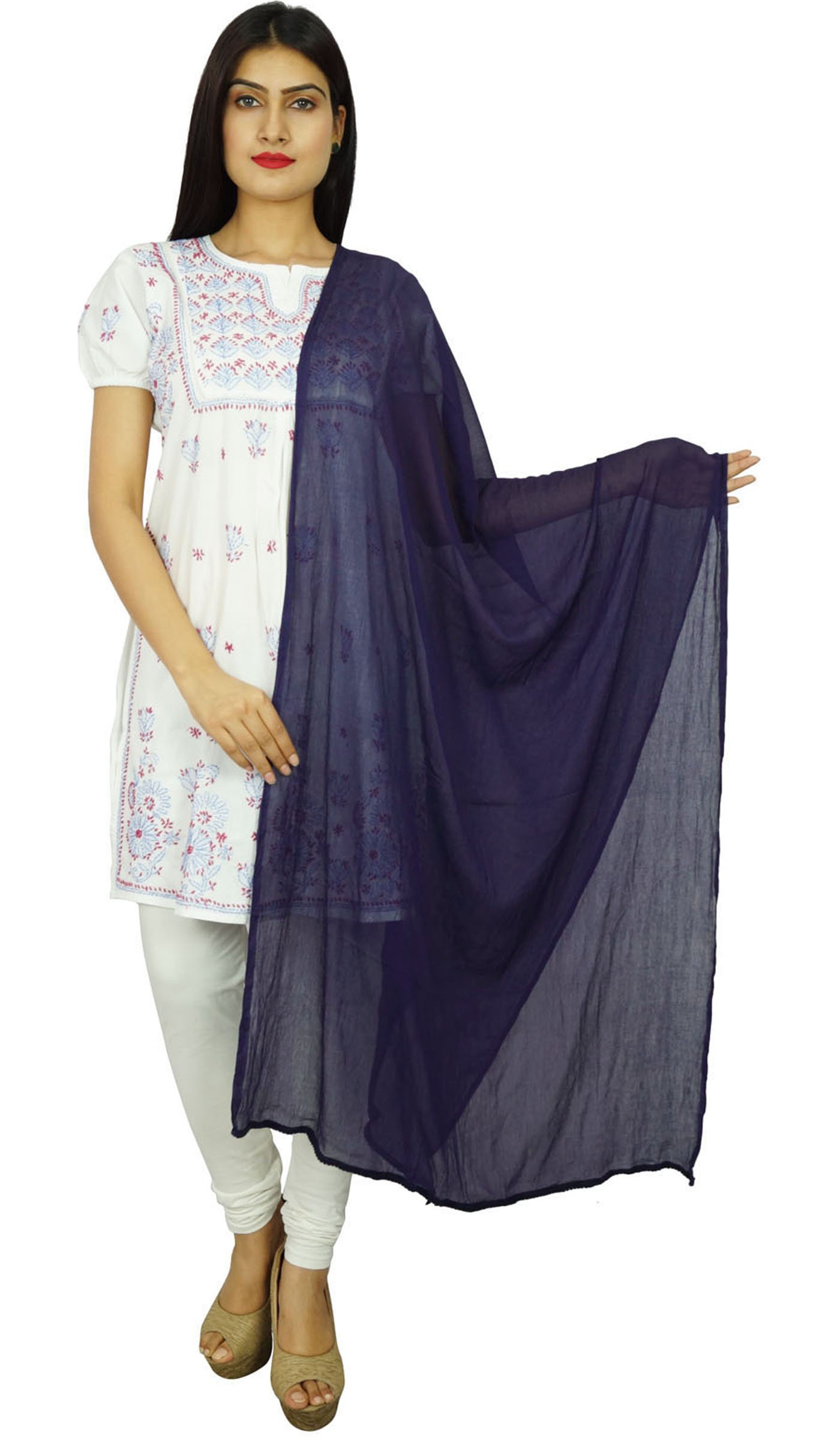 Chiffon Blend Indian Scarves Women Wear Stole Neck Wrap Chunni Long Dupatta Gift For Her, One size, Navy Blue