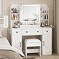 Vabches Makeup Vanity Desk, Vanity Mirror with Lights Desk and Chair,Makeup Table with 3 Large Drawers and 2 Cabinets, Time and Temperature Display, 3 LED Lighting Modes Adjustable, White