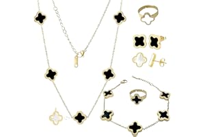 HUGIA Jewelry Set, Minimalist Creative Plant Flower Design Four leaf clover 18K Gold Plated Stainless Steel Pendant Necklace Earrings Bracelet, Elegant Four Leaf Clover Necklace Floral Style Jewelry Gift (include HUGIA BOX)