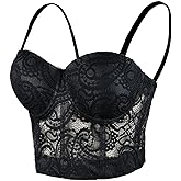 ELLACCI Women's Paisley Mesh Lace Bustier Crop Top Sexy Corset Top Bra Black