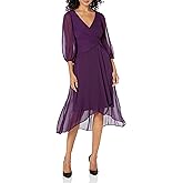 DKNY Womens 3/4 Balloon Sleeve Twist Front Chiffon Midi Dress