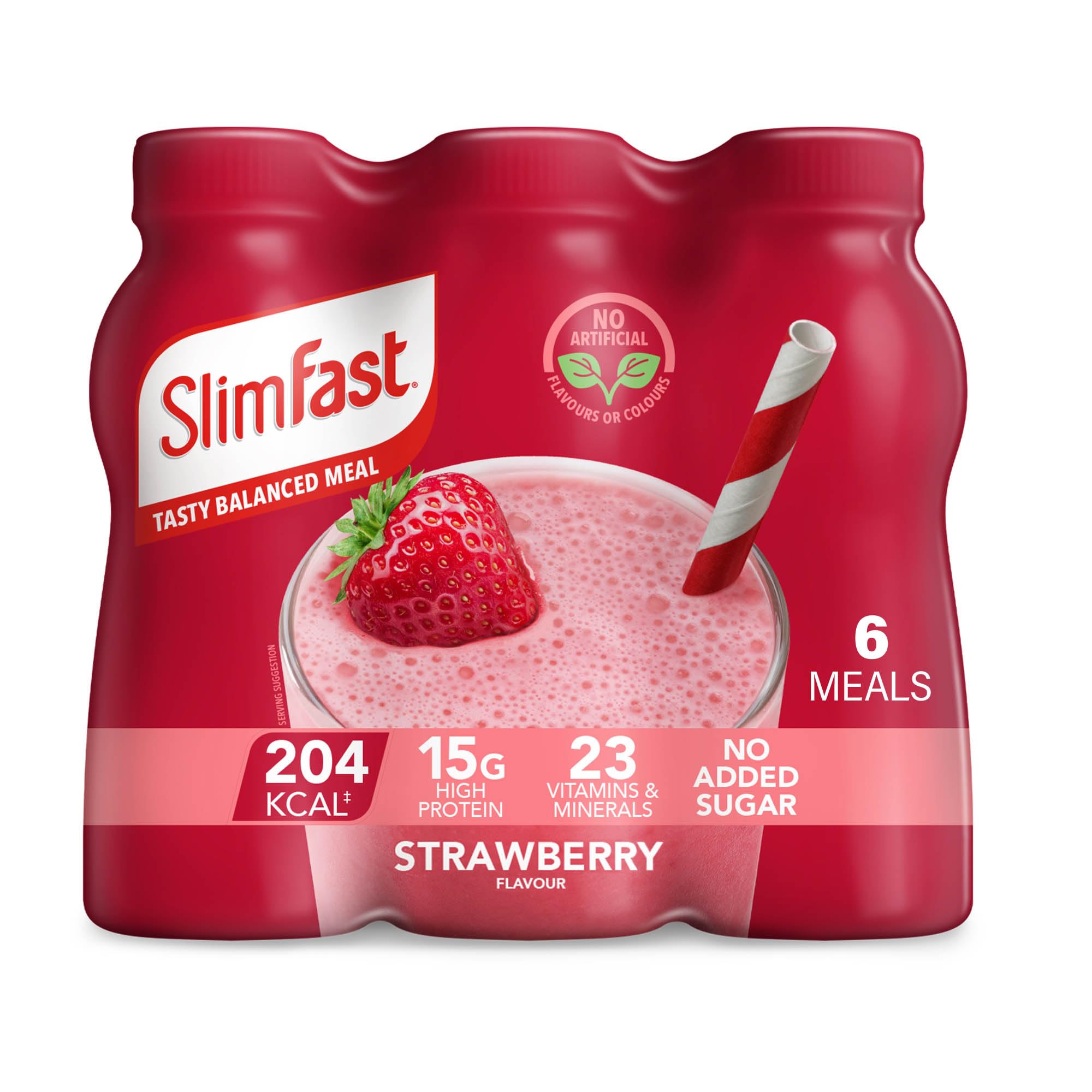 SlimFast Ready To Drink Shake, Meal Replacement Shakes for Weight Loss and Balanced Diet, High Protein, Vitamins, Minerals, No Added Sugar, Strawberry Flavour, 6 x 325 ml, Packaging May Vary
