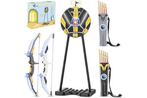 TIGTECGAME 2 Pack Bow and Arrow for Kids, LED Light Up Archery Set with 20 Suction Cup Arrows, 1 Standing Target with Flag Score, Indoor Outdoor Play Sport Toys Gifts for Kids, Boys & Girls Ages 3-12
