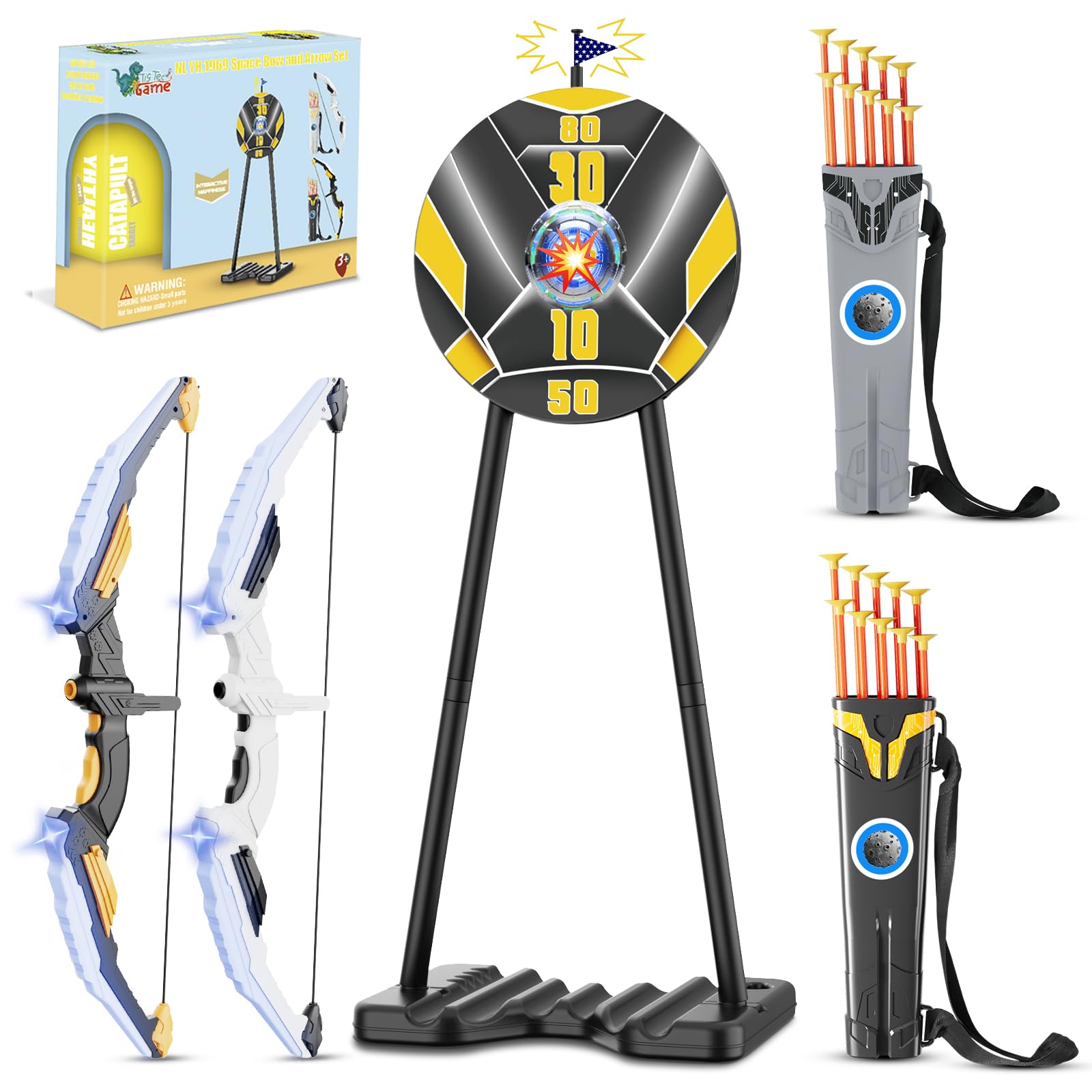 TIGTECGAME 2 Pack Bow and Arrow for Kids, LED Light Up Archery Set with 20 Suction Cup Arrows, 1 Standing Target with Flag Score, Indoor Outdoor Play Sport Toys Gifts for Kids, Boys & Girls Ages 3-12