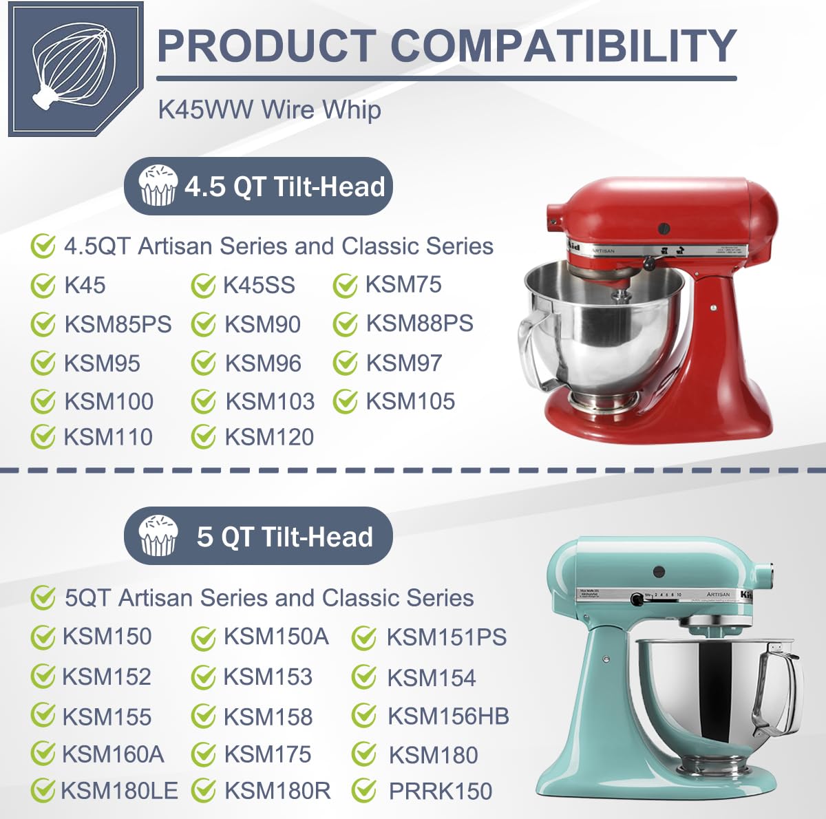 K45WW 6-Wire Whip Attachment for KitchenAid 4.5-5 Quart Tilt-Head Stand Mixer Stainless Steel Whisk for Kitchen Aid Mixer Accessory Replacement Parts