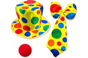 Wittocs Multicolor Polka Dot Clown Top Hat and Gaint Bow Jumbo Tie and Red Nose for Halloween Clown Dress Up Supplies Carnival Circus Costume Accessories Set 4 Pack