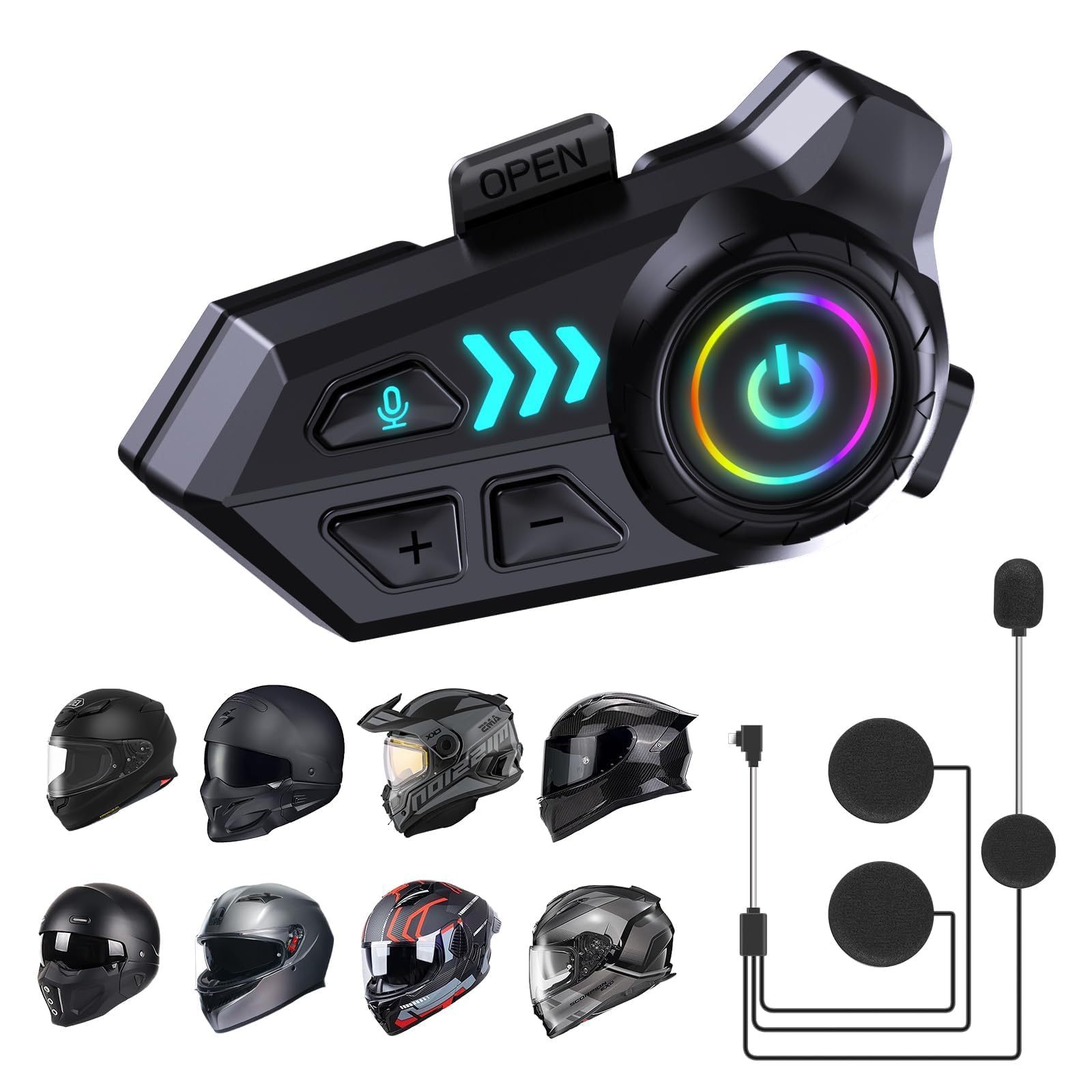 Motorcycle Helmet Bluetooth Headset, Helmet Speakers with 2 Type Mics,1000mAh Large Battery Motorcycle Headphones IP67/Automatic Answer/Call Music Control/Noise Cancellation/Wake up Siri