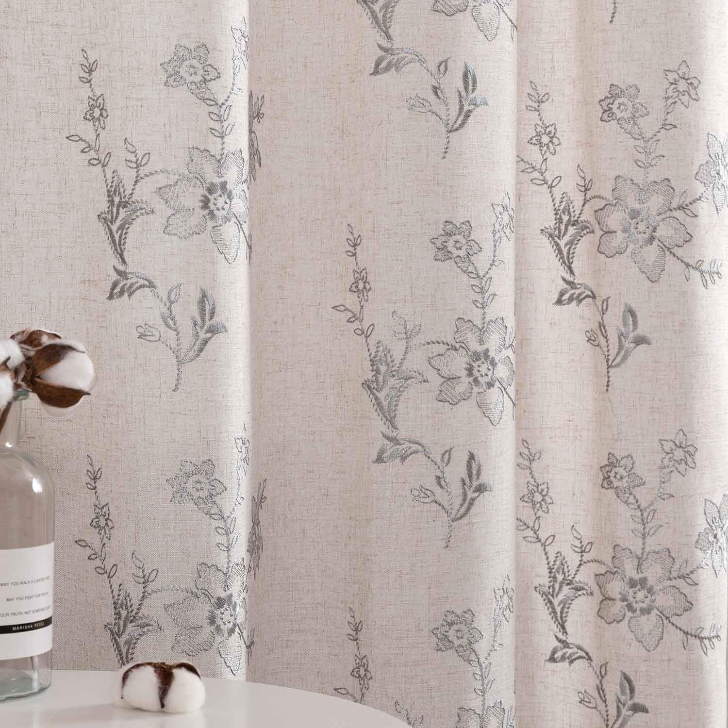 Grey Window Curtains for Living Room Floral Embroidered Linen Textured Curtain Drapes for Bedroom Ring Top 1 Pair 95 inch